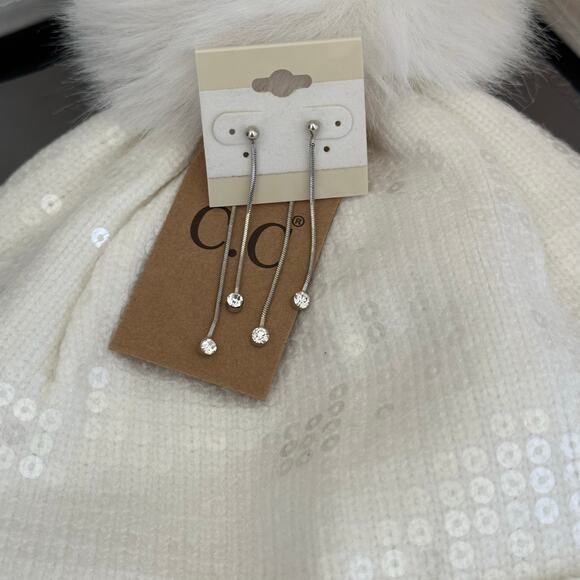 C.C Accessories - C.C Women’s White Sequin Pom Pom Knit Beanie & Silver Cubic Zirconia Earrings